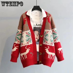Chandails pour femmes Wtempo Noël Pull Cardigans Femmes Automne Mode Coréenne Lâche Casual Année Red Deer Jacquard Vintage Manteaux tricotés 231130