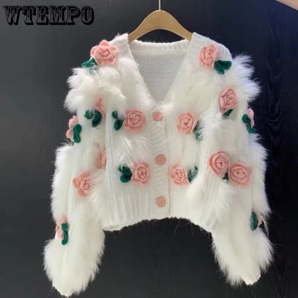 Chandails pour femmes WTEMPO mode douce fausse fourrure manteau tricoté court automne dames élégant Rose fleur pull Cardigan 231202
