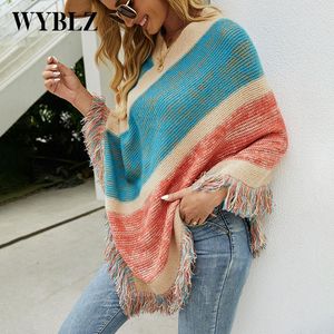 Pulls pour femmes WYBLZ Printemps Automne Femmes Gland Chandail Tricoté Poncho Sexy Rayé Col En V Ourlet Irrégulier Casual Pull Lâche Pull