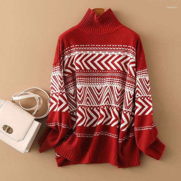 Suéteres de mujer Xiaoxiangfeng Impreso Navidad Suéter rojo Otoño e invierno 2023 Moda europea Top de punto de lana de cuello alto