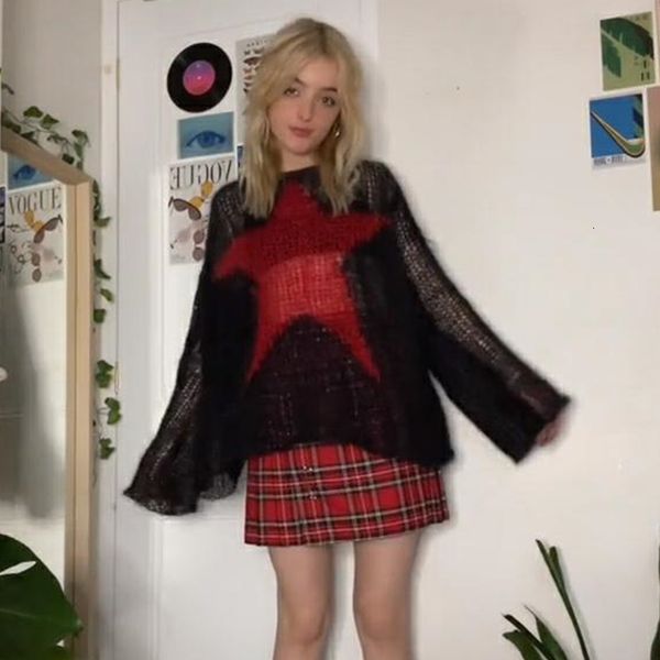 Pulls pour femmes Xingqing Pull Pentagram Pattern Tops à manches longues y2k Aesthetic Grunge Fairycore Hollow Out Crochet Clothes 2000s Knitwear 230804