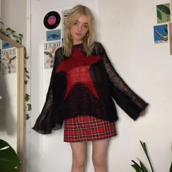 Pulls pour femmes Xingqing Pull Pentagram Motif Tops à manches longues Y2K Esthétique Grunge Fairycore Hollow Out Crochet Vêtements 2000s Knitwear 230827