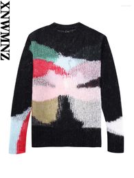 Suéteres de mujer XNWMNZ moda 2024 otoño Color bloque tejido suéter mujeres High Street O cuello manga larga versátil jersey femenino