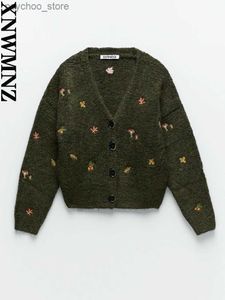 Women's Sweaters XNWMNZ women Vintage knit cardigan with embroidery Long sleeves V-neck ribbed trims Cardigan Female Elegant sweater Outerwear Q230907