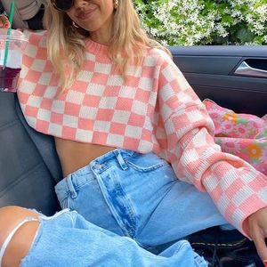 Pulls pour femmes Y2K Casual Pull à manches longues Rose Plaid Col rond Pull tricoté Crop Top Automne Hiver Tricots E-Girls Streetwear