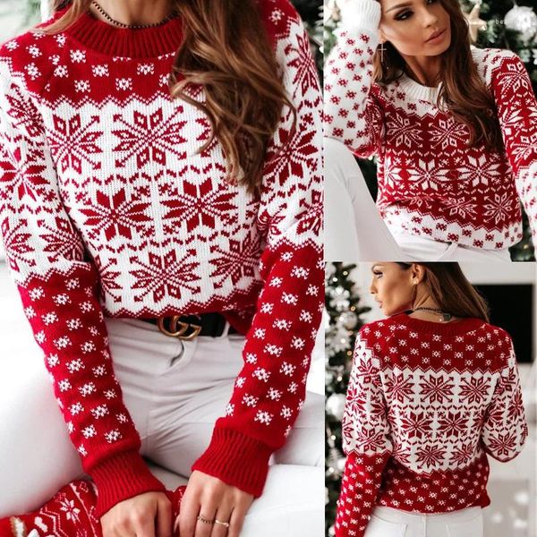Suéteres de mujer Y2k Ropa Navidad Suéter de punto Manga larga O-cuello Vintage Jumper Moda 2023 Invierno Copo de nieve Impresión Jersey rojo