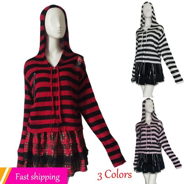 Suéteres de mujer Y2k Girl Zipper Hollow Out Gothic Lady Cardigan a rayas Suéter corto con capucha Otoño Manga larga Negro Rojo Top de punto