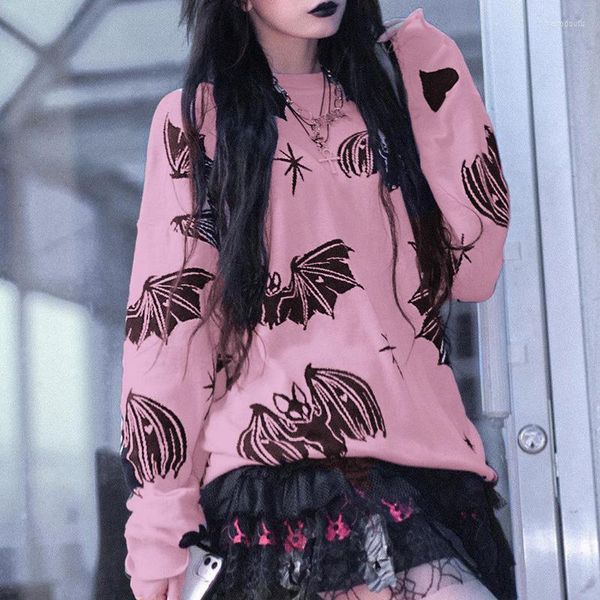 Suéteres de mujer Y2K Gothic Bat Print Suéter negro Hada Grunge Moda Invierno Estética Rosa Pullover Harajuku Top de manga larga
