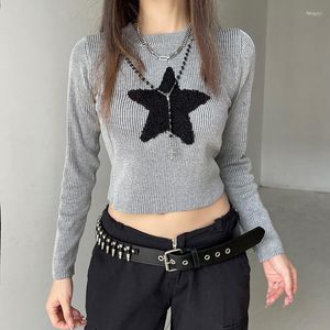 Pulls pour femmes Y2K Star Harajuku Pull Crop Top ajusté à manches longues Gris Vintage O Cou Pulls Pulls Style Coréen Fille T-shirts