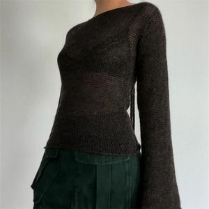 Suéteres para mujer Y2K Tie Back Suéteres Mujeres Manga larga Cuello Barco Color Sólido Punto Jersey Casual Crochet Tops Otoño 231120
