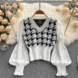 Suéteres de Mujer Y2k Top Sueter Mujer negro blanco pata de gallo suéter Jersey Vintage Puff Pull Femme camisa de punto Mujer primavera