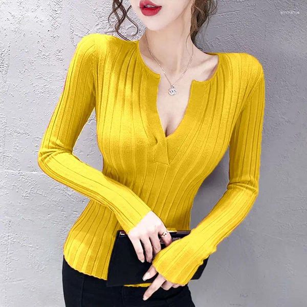 Suéteres de mujer amarillo brillante Sexy Oficina señora chaleco pulóver bajo cuello en V suéter camiseta mujer chica tirar camisa de tela superior delgada