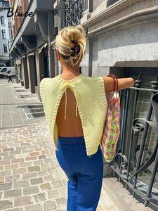 Damestruien Geel O-hals Mouwloos Trui Dames Casual Back Lace Up Backless Gebreid 2023 Mode Schattig Straat Crop Tops 230919