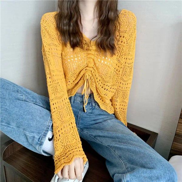 Pulls pour femmes Jaune Sexy Bandage Creux Printemps Pull Pull Court Pull Lâche Manteau Casual Tissu Fille T-shirt Tops Vêtements Pour Femmes Dame