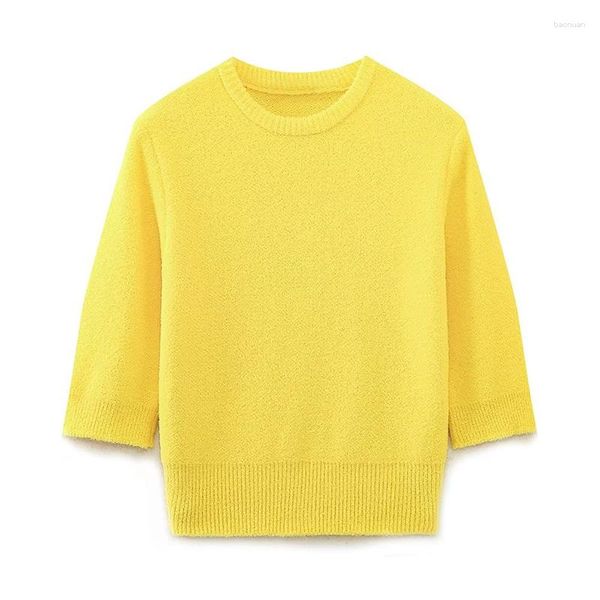 Suéteres de mujer Yenkye Otoño 2023 Mujeres O Cuello Manga corta Amarillo Soft Touch Suéter de punto