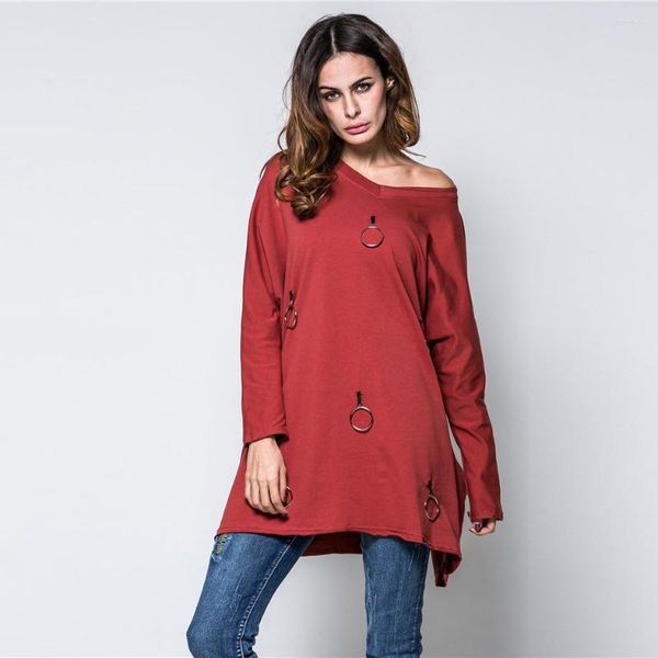 Suéteres para mujer YIZZHOY Primavera Otoño Mujeres Moda Anillo colgante suelto Color sólido Ocio Camisa de manga larga Mujer con cuello en V Empalme