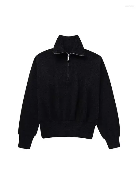 Pulls pour femmes Zadata automne et hiver mode avant fermeture éclair pull tricoté rétro col roulé à manches longues pull chic haut