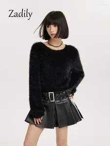 Pulls pour femmes Zadily 2024 Hiver Casual Manches longues Femmes Mohair Crop Pull Corée Style O Cou Noir Tricot Dames Pull Femme