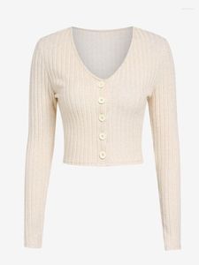 Chandails pour femmes ZAFUL couleur unie quotidien boutonné superposition col en V peluche côtelé tricot à manches longues Cardigan ZF510172901