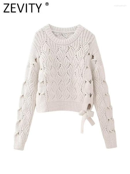 Pulls pour femmes Zevity Femmes Mode O Cou À Manches Longues Creux Crochet Court Pull À Tricoter Femelle Côté Bow Crop Pull Manteau Tops