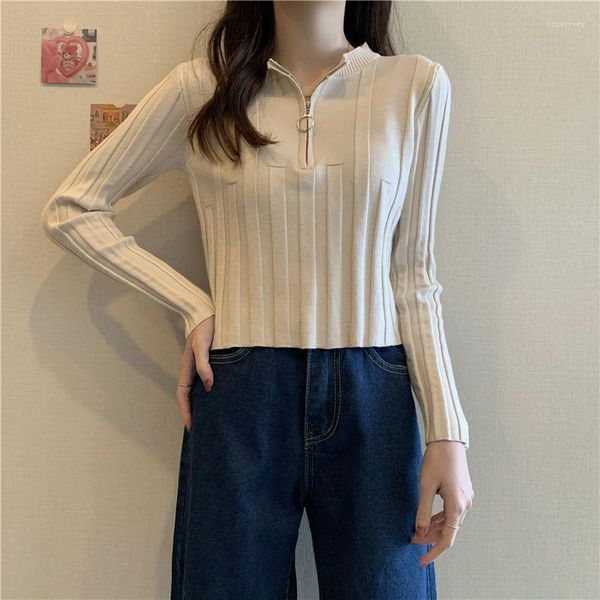 Pulls pour femmes Zipper Knit Pull Blouse Blouse à manches longues Élégant Slim Couleur Solid Street All-Match Base Sweater Femmes Automne Hiver Court