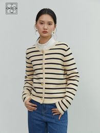 Damessweaters ZIQIAO Sweter Wanita Leher Bulat Hitam Garis Krem Kardigan Brested Tunggal Pendek Jaket Atasan Kantor Kasual Musim Dingin 230904