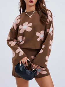 Pulls pour femmes ZJLJAYCHOU Femmes 2 pièces Lounge Tenues à manches longues Col rond Floral Knit Sweatsuit Pyjamas Set Loungewear