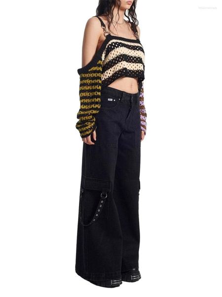 Pulls pour femmes ZZLBUF Femmes Tricot Crochet Crop Tops Manches Longues Contraste Couleur Stripe Off Épaule Lâche T-Shirts StreetwearZZLBUF