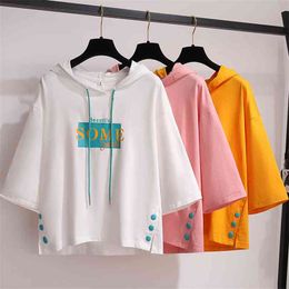 Dames Sweatshirt bijgesneden Hoodie Lange Mouw Koreaanse Mode Kpop Kleding Vrouwelijke Trainingspak Leuke Kawaii Tops Solid Letter Pastel 210805