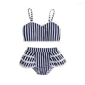 Dames Badmode 0-4 jaar Kinderen Meisjes Bikini Set Mouwloze Ruches Gestreepte Badpakken Babyzwemkleding Peuter Strandkleding