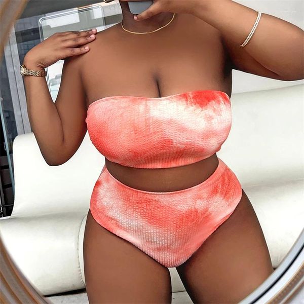 Maillots de bain pour femmes 0XL-4XL Sexy Fat MM Large Orange Tie Dye Bandeau Taille haute Bikini Maillot de bain Femmes Beach Holiday Swim Suit Lady