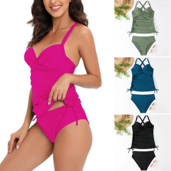 Maillots de bain pour femmes 1 ensemble femmes Bikini couleur unie pas de maillot de bain à armatures élastique avant croix dame avec coussin de poitrine vêtements