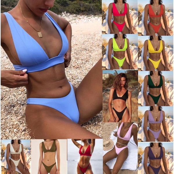 Traje de baño para mujer 15 colores Sexy Bikini Traje de baño sólido Mujeres Push Up Set Traje de baño brasileño Ropa de playa de verano Natación