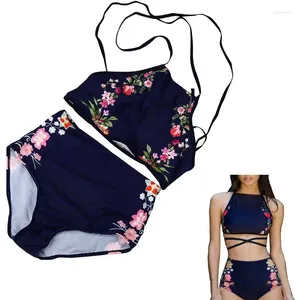 Dames badkleding 1set high nek bikinis dames taille zwempak retro print bloemen crop top halter bikini set bating set set set set