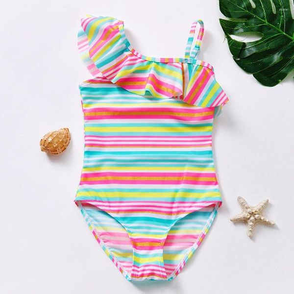 Traje de baño para mujer 2-10 años Ruffle Girls Traje de baño Niños Una pieza Tiras coloridas Niños Niños Traje de baño Ropa de playa