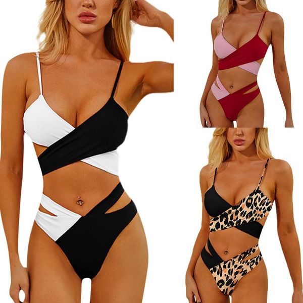 Maillots de bain pour femmes 2 pièces femmes bloc de couleur maillots de bain réglable sangle Spaghetti croix cravate soutien-gorge évider string vêtements de plage