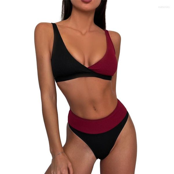 Maillots de bain pour femmes 2 pièces femmes blocs de couleur maillots de bain adultes Sexy côtelé col en v haut de bikini bas maillots de bain femme été vêtements de plage