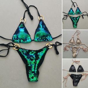 Maillots de bain pour femmes 2 PcsSet femmes Bikini ensemble Sexy Hoop brillant paillettes licou cou été maillot de bain Spaghetti sangle femmes maillot de bain vêtements de plage 230625