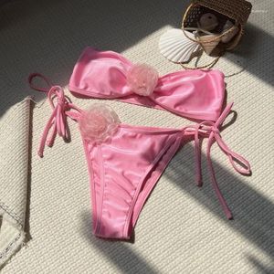 Swimwear féminin 2 pièces Swimsuit Bandeau 3d Tie à cravate florale High Cut Bikini Set Bathing Fulging