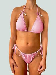 Bikini de maillots de bain féminin 2 pièces Bikini ensemble licou lien Tops Ups 3D Shorts d'arc