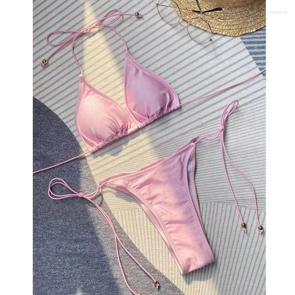 Swimwear pour femmes 2 pièces Bikini Swimsuit Halter Trianggle Tops Tie côté string Bathing Sexe Stron