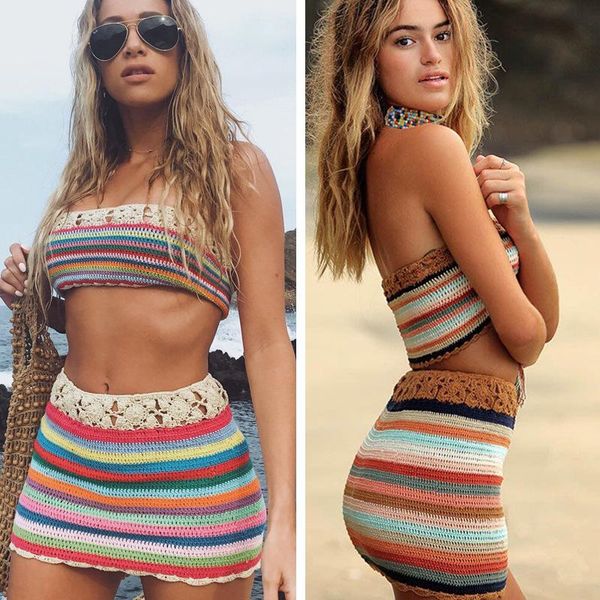 Traje de baño de mujer Vestido de playa de ganchillo de 2 piezas Traje de baño sexy de viento bohemio Celebridad web con una tira recreativa Cubrir bikini