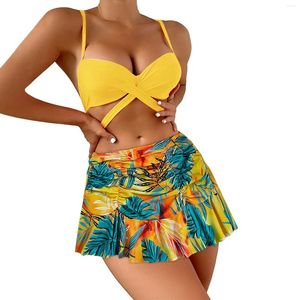Swimwear féminin 2 pièces Hawaii Push Up Halter Bikini Swimsuit High Waist Bathing Trssoling Top Girls Swim Jupe avec short