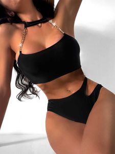 Dames Badmode 2018 Nieuwe Sexy Bikini Set Chain Sling Strap Badmode Holle Split Hoge Taille T-vormige Badmode Brazilië Badmode J240319