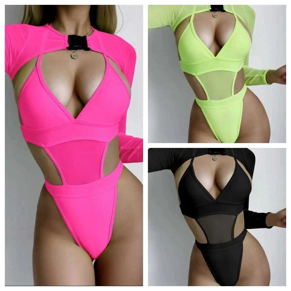 Swimwear para mujeres 2019 Neon Yellow Swimwear Summer Sexy Beach Traje Mesh Top de manga larga Bikini Bikini J240403