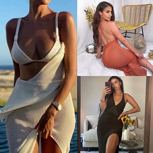 Dames badmode 2021 Backless Suspender Long Beach Women Coverup Dress Lace-Up Perspectief Haak Haak Sexy Solid Bathing Suit Cover Ups