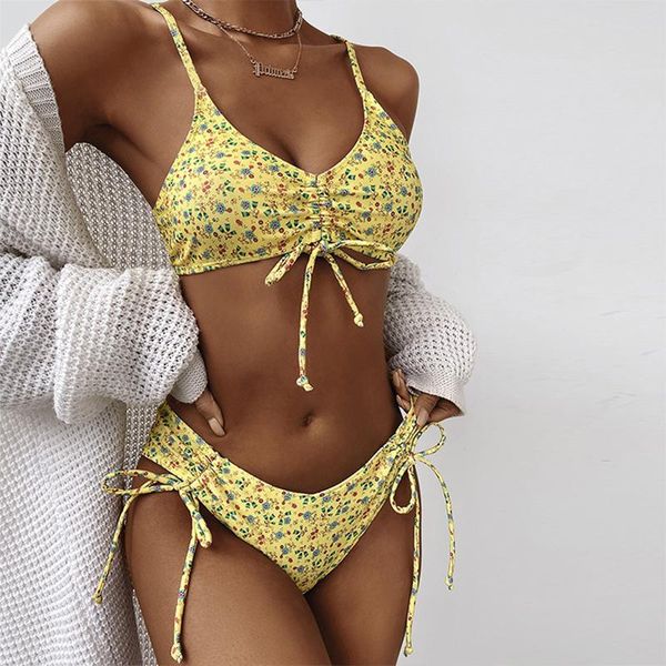 Traje de baño para mujer 2021 Bandeau Push Up Bikini Sexy Estampado floral Conjunto String High Cut Traje de baño Mujeres Amarillo Natación Traje de baño Nadar