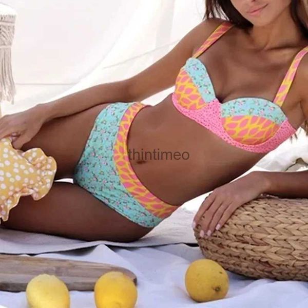 Traje de baño para mujer 2021 Nuevo Push Up Conjuntos de bikini de cintura alta Imprimir Mujeres Traje de baño Sexy Floral Dos piezas Traje de baño Estilo joven Traje de baño de playa YQ231219