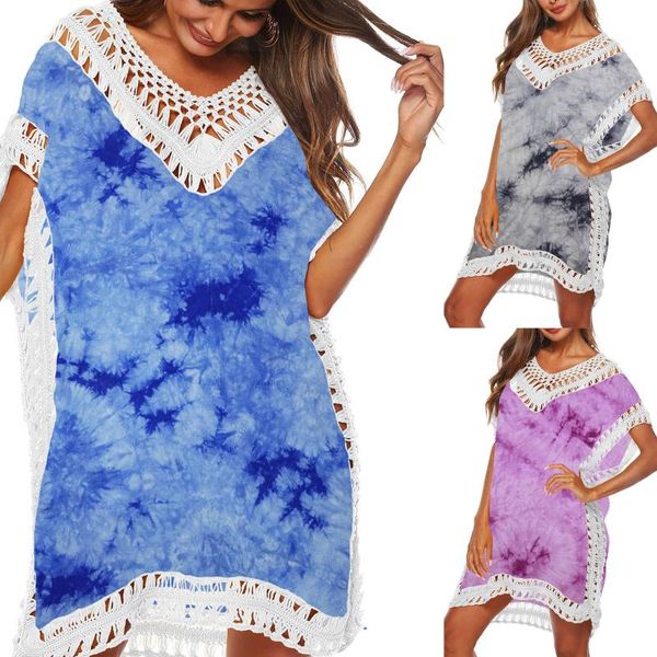 Traje de baño para mujer 2021 Ropa de playa de verano Señoras Tie Dyeing Gancho de mano Costura con cuello en V Blusa Vestido de playa Tie-Dye Impresión Bohemia Moda Dres