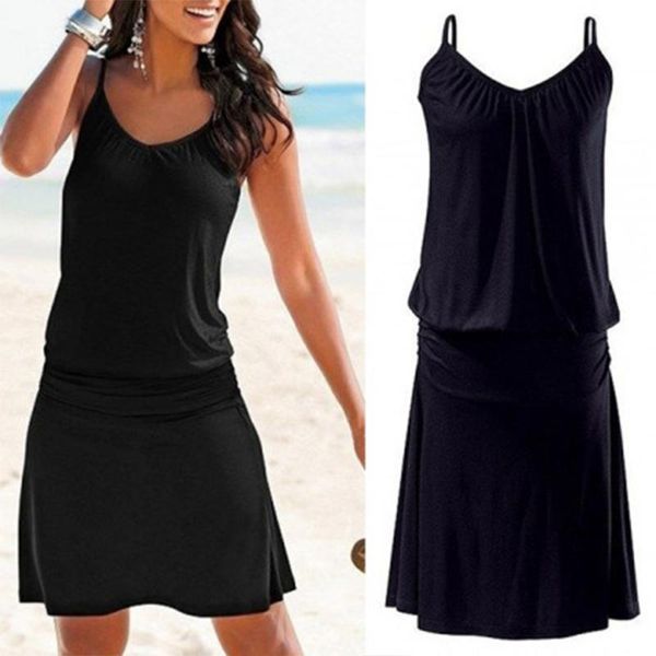 Traje de baño de mujer 2021 verano Simple e impreso patrón de onda suelto Sling Halter doblar cintura Casual vestido de playa